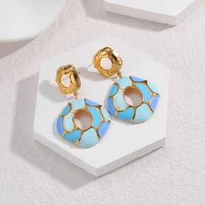 Bohemian gold stainless steel geometric hoop earrings with blue enamel drip oil finish