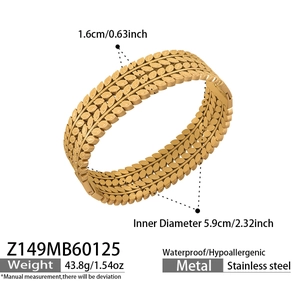 Detailed size specifications for the stainless steel leaf cuff bracelet in gold finish