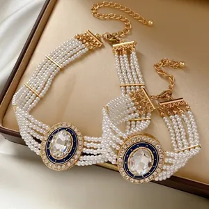 Vintage Multi Row Imitation Artificial Pearl Necklace And Bracelet Oval Crystal Blue Enamel Alloy Rhinestone Palace Style For Women