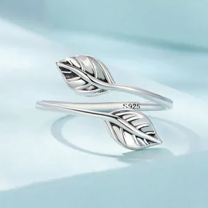 Minimalist S925 sterling silver open ring featuring a delicate dual leaf design