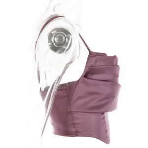 Detail of cowl neck backless satin tube top in lotus root color with pleated finish