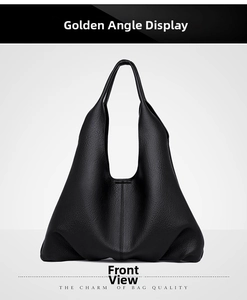 Front view of black pebble leather tote bag with minimalist wide strap hobo design