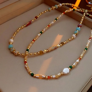 Baroque Freshwater Pearl Beaded Clavicle Chain Necklace Bohemian Retro Style Natural Gemstone Alloy Gold Plated
