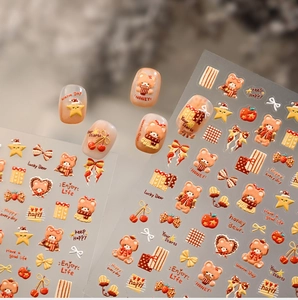 Detail of warm honey caramel bear nail stickers with vintage stars and 3D relief textures