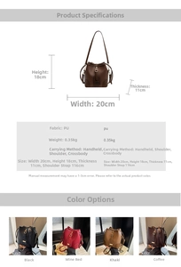 Detailed dimension chart for vintage bucket bag showing 20x18x11cm size and strap length