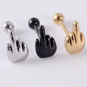 Middle finger gesture tongue rings in silver, black, and gold stainless steel finish