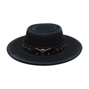 Ethnic Western Cowboy Flat Top Fedora Hat For Women Cotton Polyester Felt Jazz Hat With Bull Head Rivet Leather Band