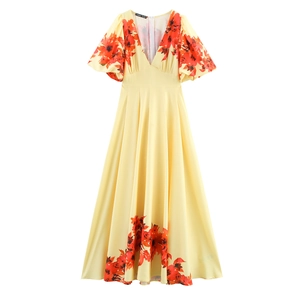 Damen Maxi Kleid Floral V Ausschnitt Kurzarm Hohe Taille Gelb Polyester Chiffon Stil Urlaub Langes Kleid
