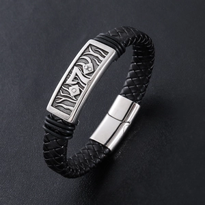 Men's minimalist braided black leather bracelet with engraved silver metal charm
