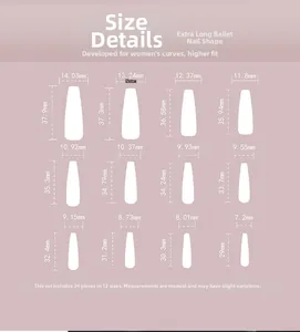 Detailed size chart for extra-long ballerina nails with 12 precise dimensions in millimeters