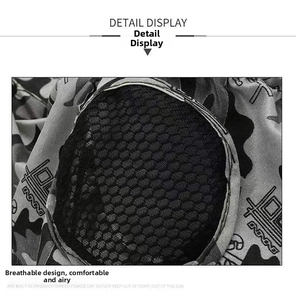 Close-up of camouflage sun hat featuring breathable black sandwich mesh and running pattern