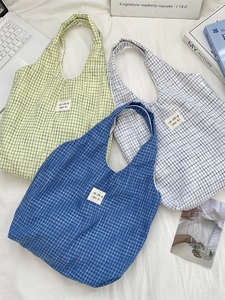 Checkered Tote Bag Polyester Cotton Canvas Retro Korean Style Shoulder Shopping Bag For Women Large Capacity Casual