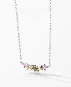 Macro detail of S925 silver necklace with multicolored square-cut zircon pendant