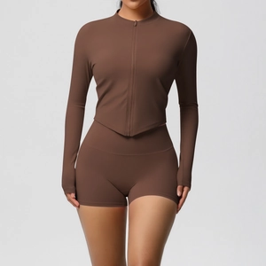 Slim fit coffee brown yoga set with zip-up long sleeve top and high waist shorts
