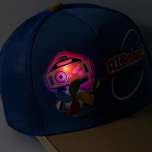 Kids LED glowing robot baseball cap with blue mesh and khaki brim for sun protection