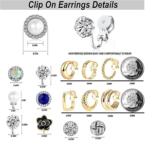 Detailed size guide for various non-pierced geometric clip on earrings with coin comparison