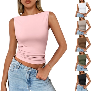 Canotta Donna Slim Fit Poliestere Elastica Scollo A Barca Tinta Unita Sexy Y2K Senza Maniche Streetwear