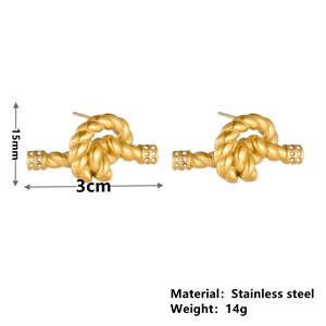 Gold stainless steel twisted earrings with inlaid crystals, size 15mm by 3cm