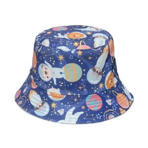 Navy blue fisherman sun hat with cartoon space bears and planets print on canvas
