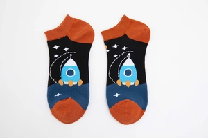 Detailed close-up of cotton blend low cut socks with space rocket pattern and reinforced heel