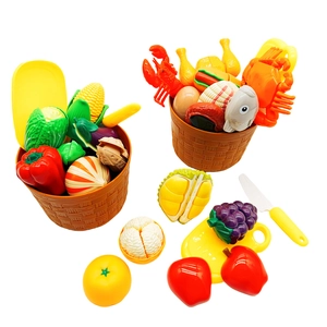Fruit and vegetable cutting toy sets in storage buckets with play knife and cutting board