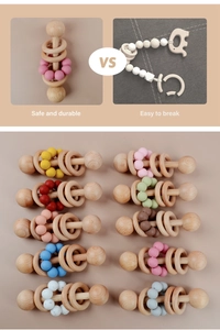 Comparison showing safe durable baby beech wood and silicone rattle versus broken low quality ring