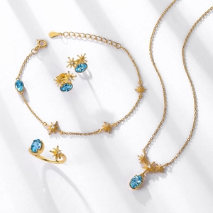 Luxurious S925 silver jewelry set with blue topaz and gold starburst necklace and earrings