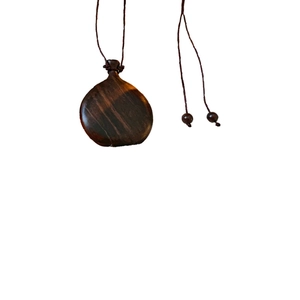 Chinese style dark brown wood water bag pendant necklace with natural wood grain texture