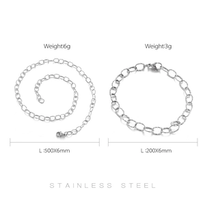 Silver stainless steel chain necklace and bracelet set with detailed size and weight specs
