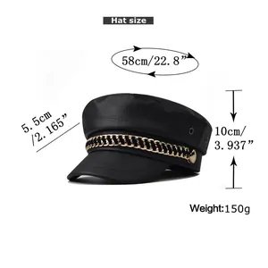 Detailed size chart for black PU leather baker boy hat with golden chain decorative trim