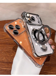 Detail view of iPhone 17 Pro Max case with electroplated magnetic ring and kickstand