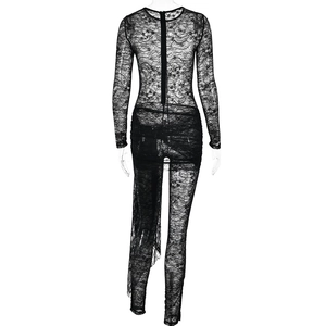 Detailed back view of sexy black lace jumpsuit with long sleeves and zipper closure