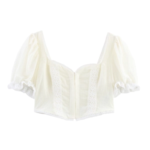 French Retro Square Neck Puff Sleeve Blouse Women Lace Trim Cropped Button Up Smocked Sweet Elegant Spring Top