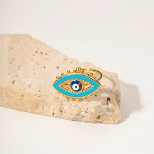 18K gold plated stainless steel evil eye open ring with blue enamel and gold beaded trim