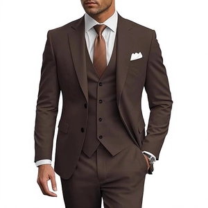 Men's slim fit 3-piece suit in dark brown with matching tie and vest for formal wedding