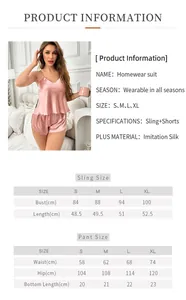 Detailed size chart for women's pink imitation silk pajamas set with sling and shorts