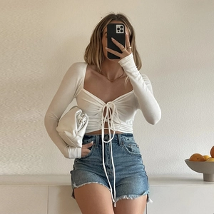 Top Crop Sexy A Maniche Lunghe Da Donna Con Lacci Sul Davanti Scollo A V Streetwear Poliestere Elastan