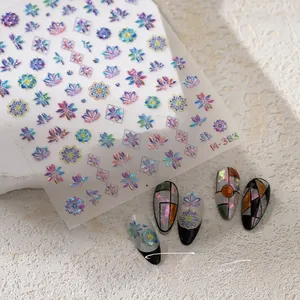 Detailed view of M-383 laser floral nail stickers with decorative 3D butterfly gold foil