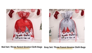 Detail of red and gray Christmas linen drawstring bags with gnome and snowflake patterns