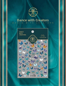 Macro view of TS-122 butterfly nail stickers with colorful patterns on green silk fabric