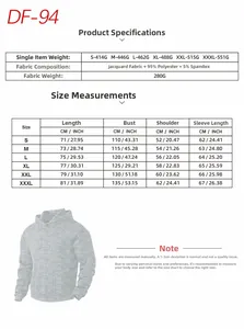 Guide des tailles pour sweat à capuche homme avec poids du tissu et mesures en cm/pouces