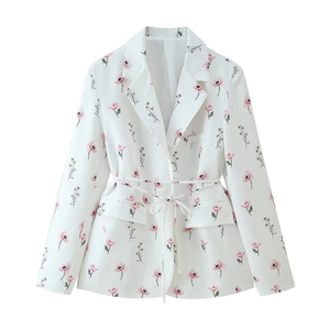 Blazer da donna bianco a fiori con colletto a rever e dettaglio laccio in vita