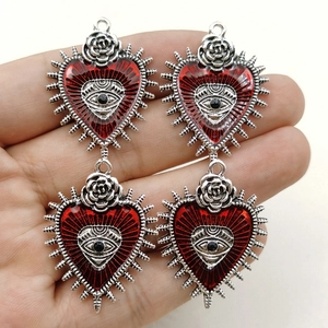 Gothic punk wild rose heart pendants with red enamel sacred eye and silver spikes