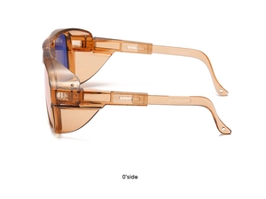 Side view of amber double-bridge night vision sunglasses with adjustable temples