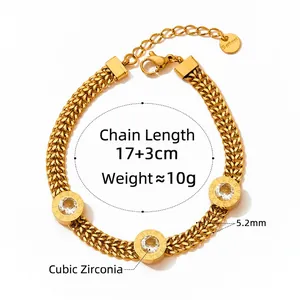 Gold braided stainless steel chain bracelet with Roman numeral zircon charms for women