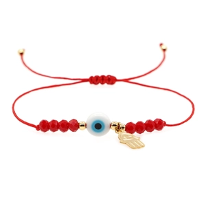 Handmade red braided Evil Eye bracelet with Hamsa charm and faceted crystal beads