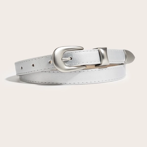 Minimalist silver leather belt for women with matte pin buckle and metal end tip decor