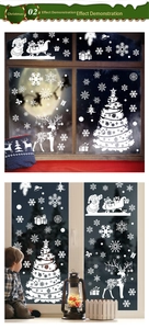 Detailed white Christmas window decals featuring Santa, reindeer and trees in home setting