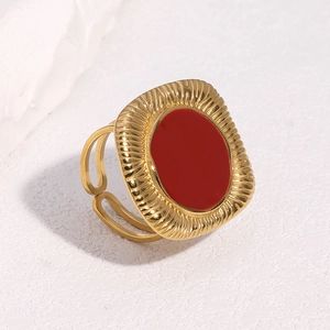 18K gold plated stainless steel open ring with red enamel and radiating texture