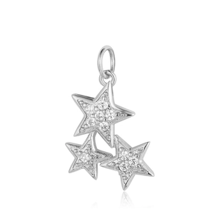 Detailed view of silver triple star charm pendant with faceted sparkling cubic zirconia